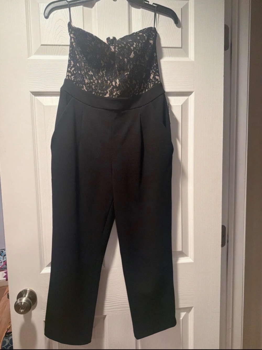 Express Black Strapless Lace-Top Straight Leg Jumpsuit